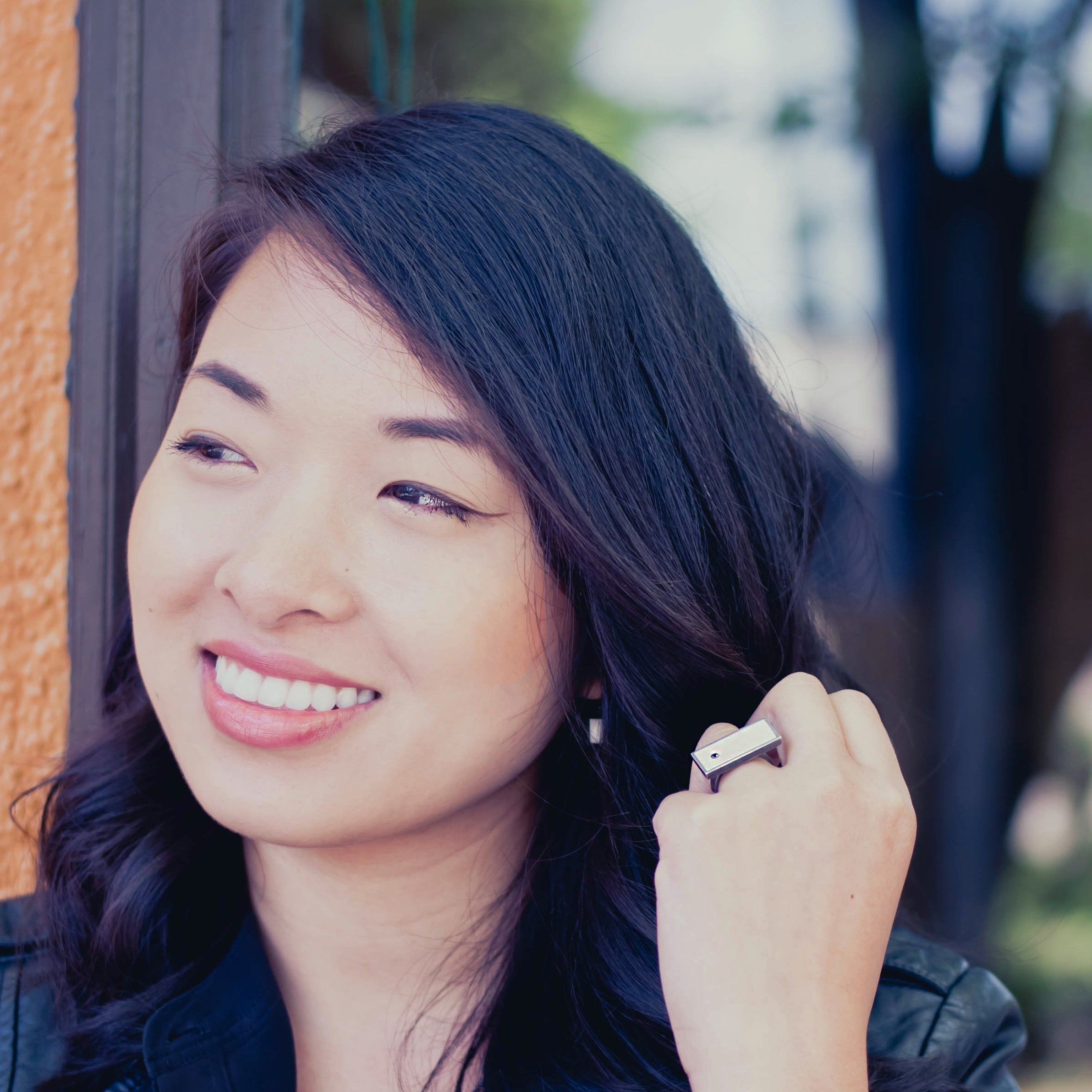 White Bar Ring with Black Diamond