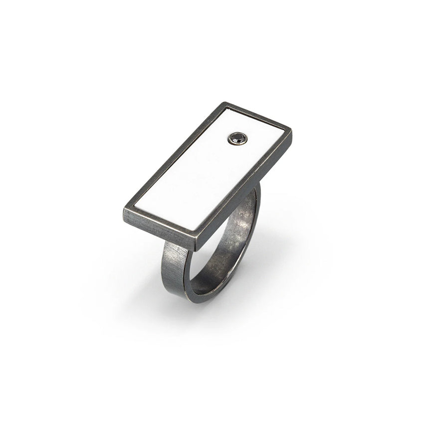 White Bar Ring with Black Diamond