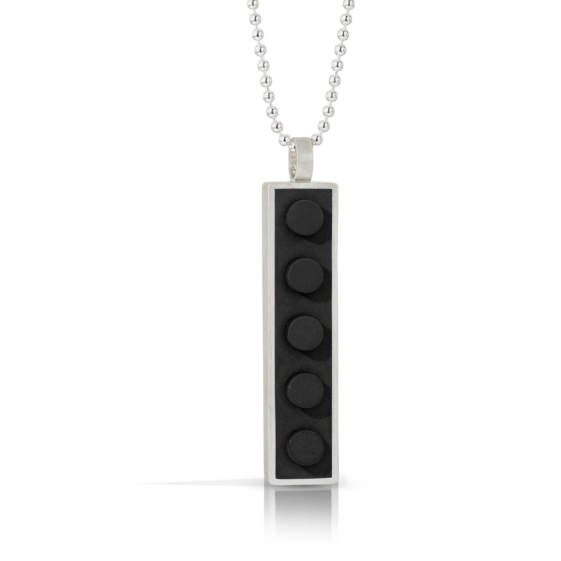 Black 1 X 5 LEGO brick made into a sterling silver pendant on a bead chain
