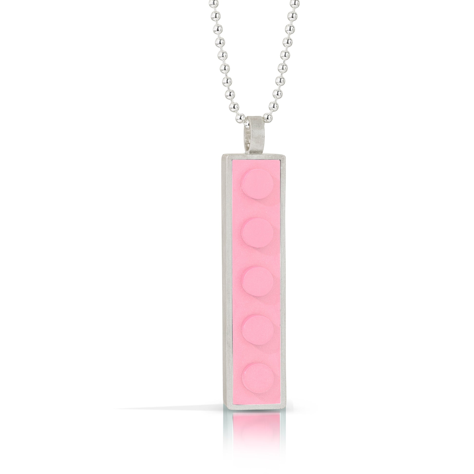 Light pink 1 X 5 LEGO brick made into a sterling silver pendant on a bead chain