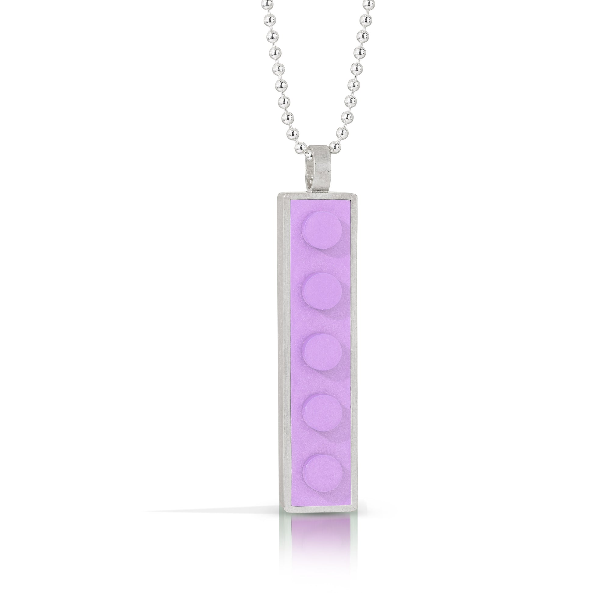 Light purple 1 X 5 LEGO brick made into a sterling silver pendant on a bead chain