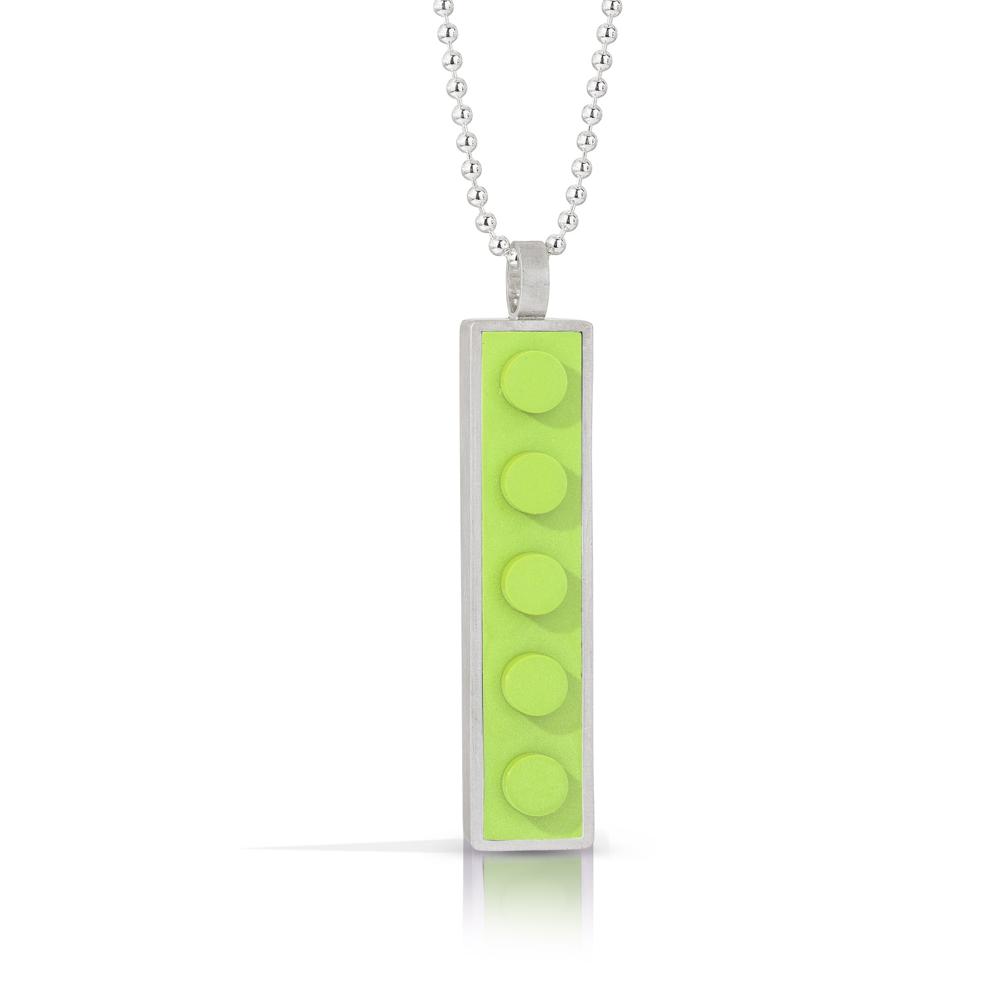 Light green 1 X 5 LEGO brick made into a sterling silver pendant on a bead chain