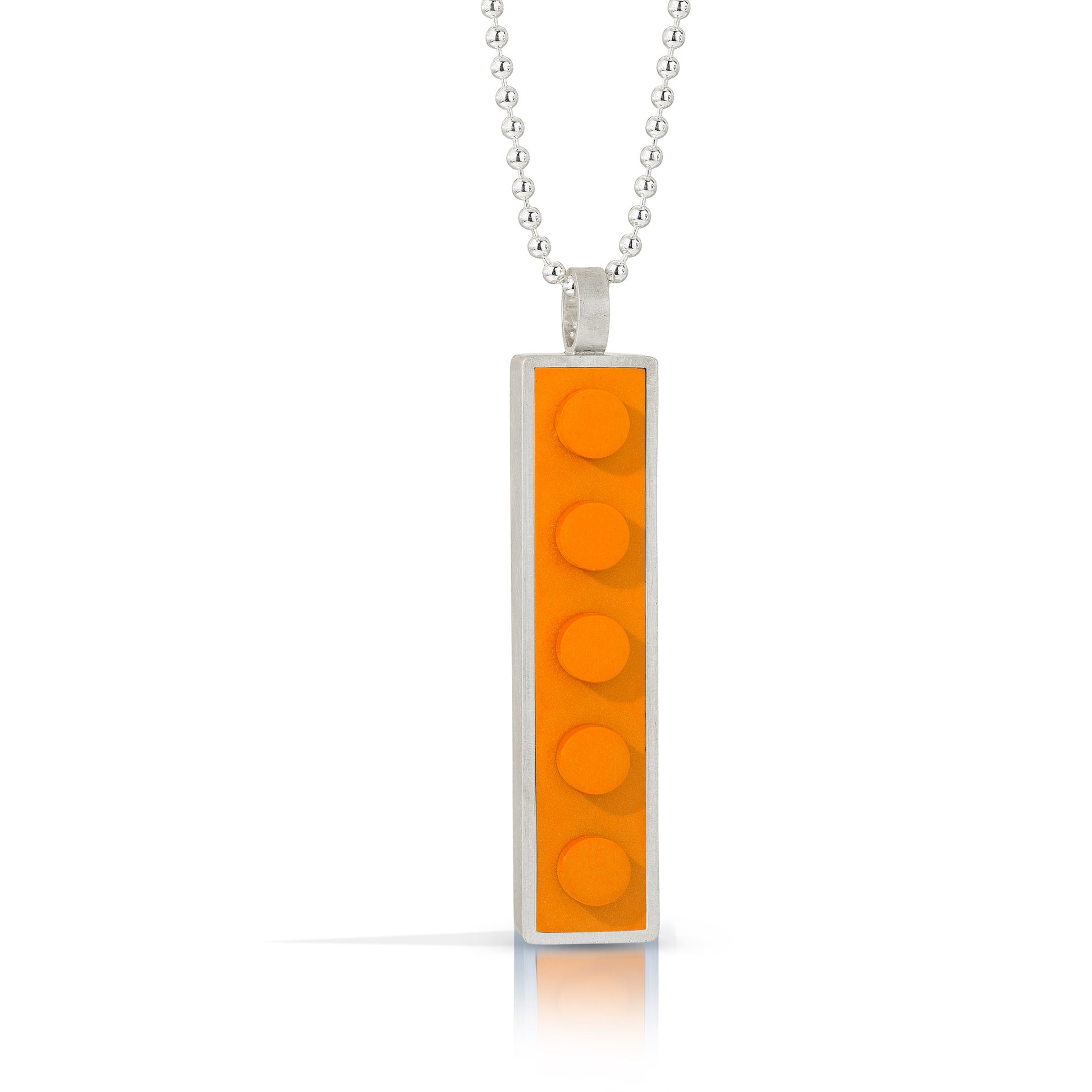 orange 1 X 5 LEGO brick pendant  set into sterling silver hanging off a bead necklace