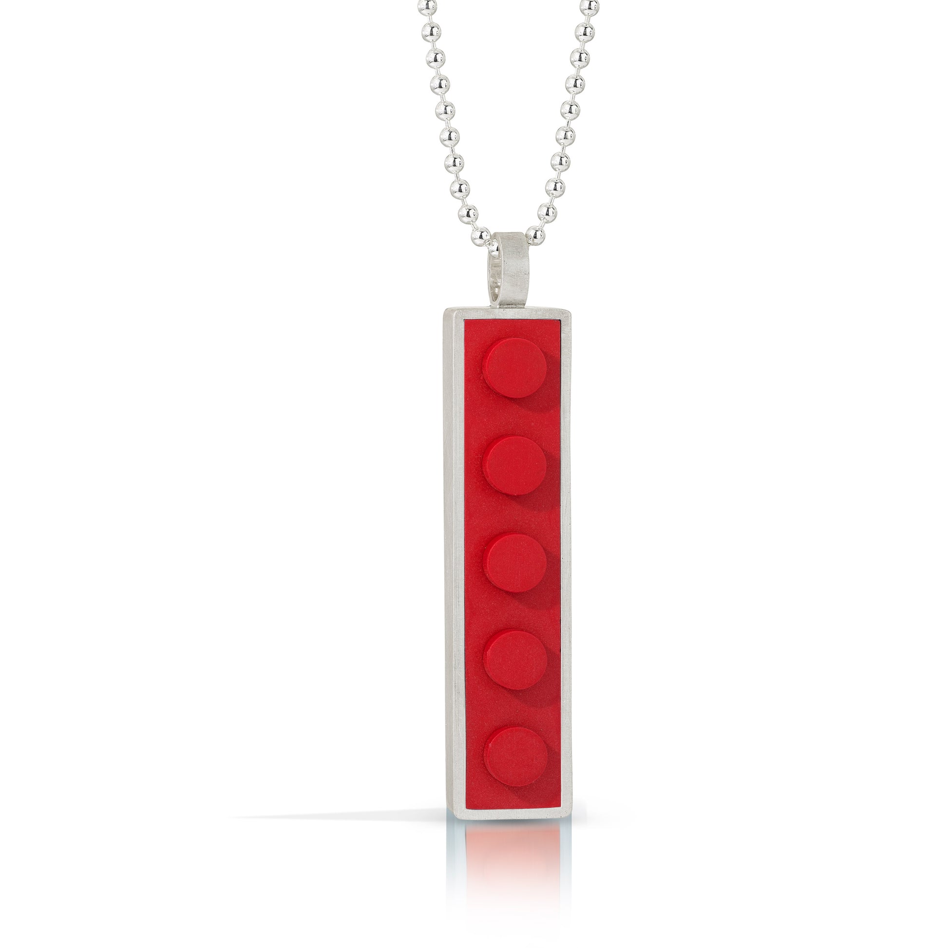 Red 1 X 5 LEGO brick pendant  set into sterling silver hanging off a bead necklace