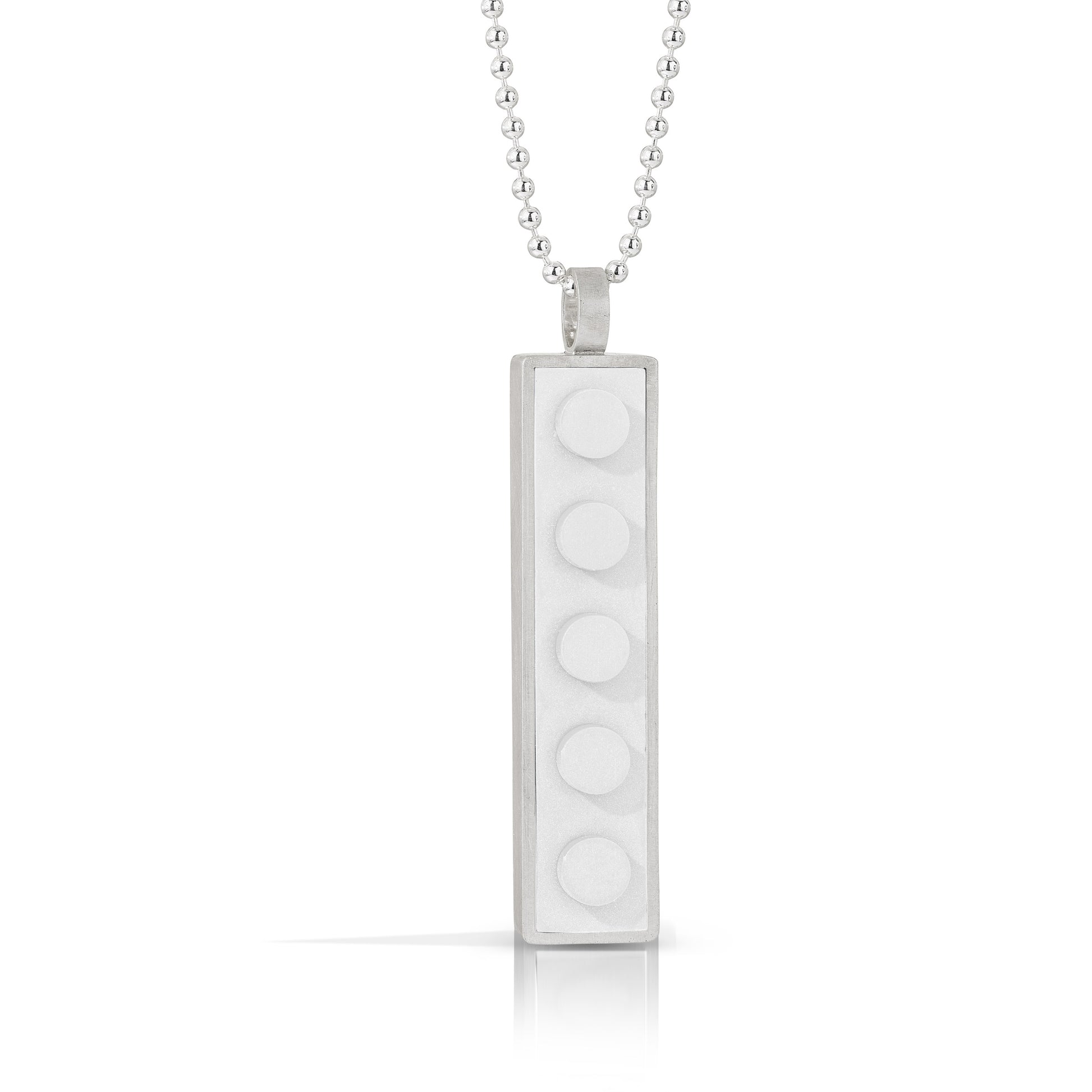 White 1 X 5 LEGO brick pendant  set into sterling silver hanging off a bead necklace