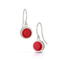 Silver earrings with red circular LEGO studs on a white background