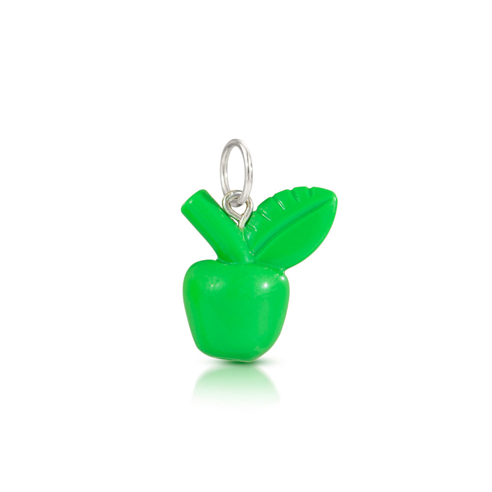 green LEGO apple charm with sterling silver loop on top to go on a necklace or bracelet 