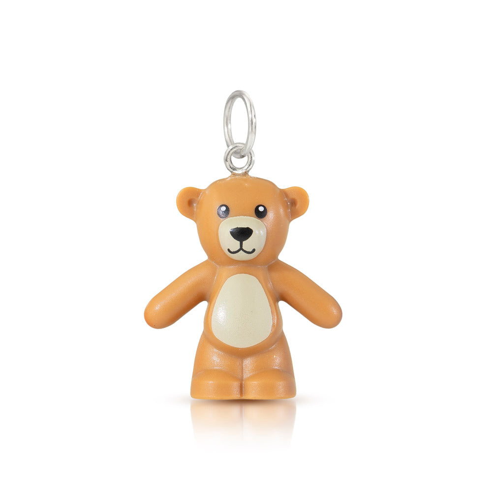 Cute light brown LEGO mini-figure teddy bear with beige belly with silver loop at head to be a charm for chain to go through