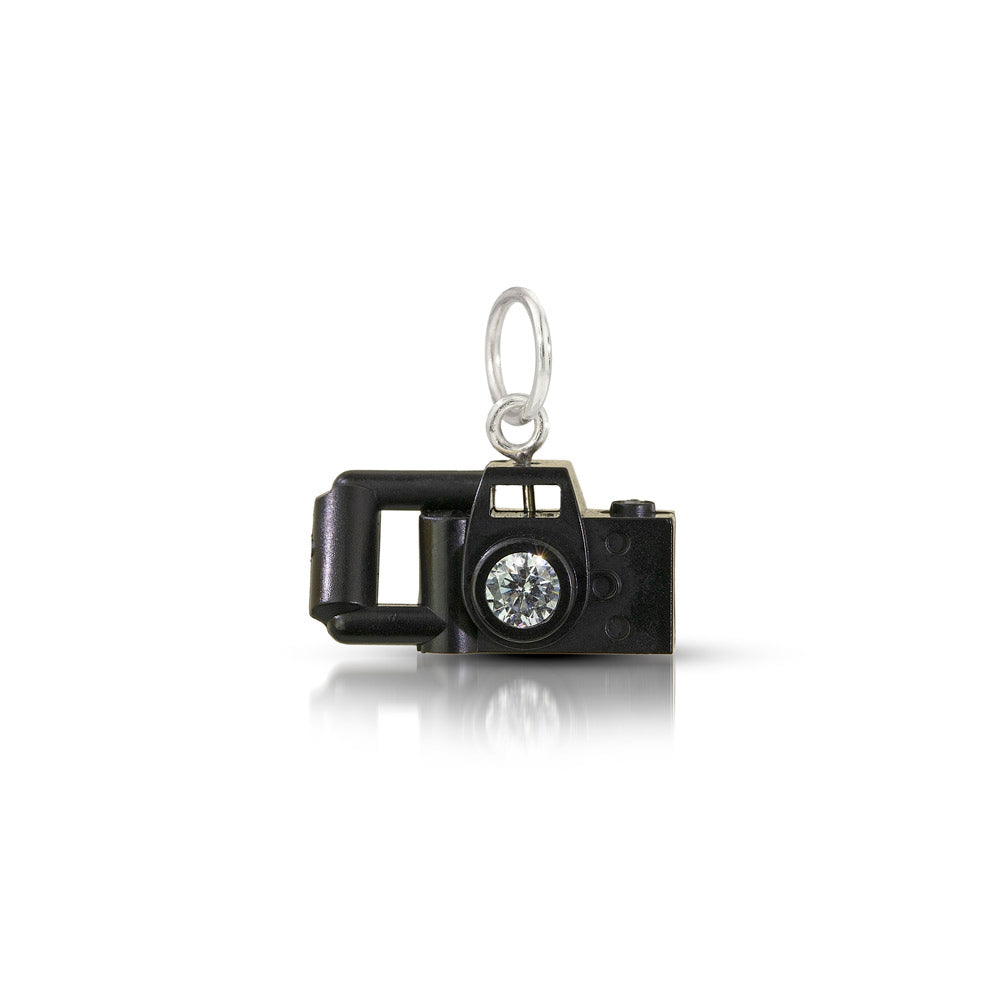 LEGO camera mini-figure toy made into a charm with a cubic zirconia in middle as a flash