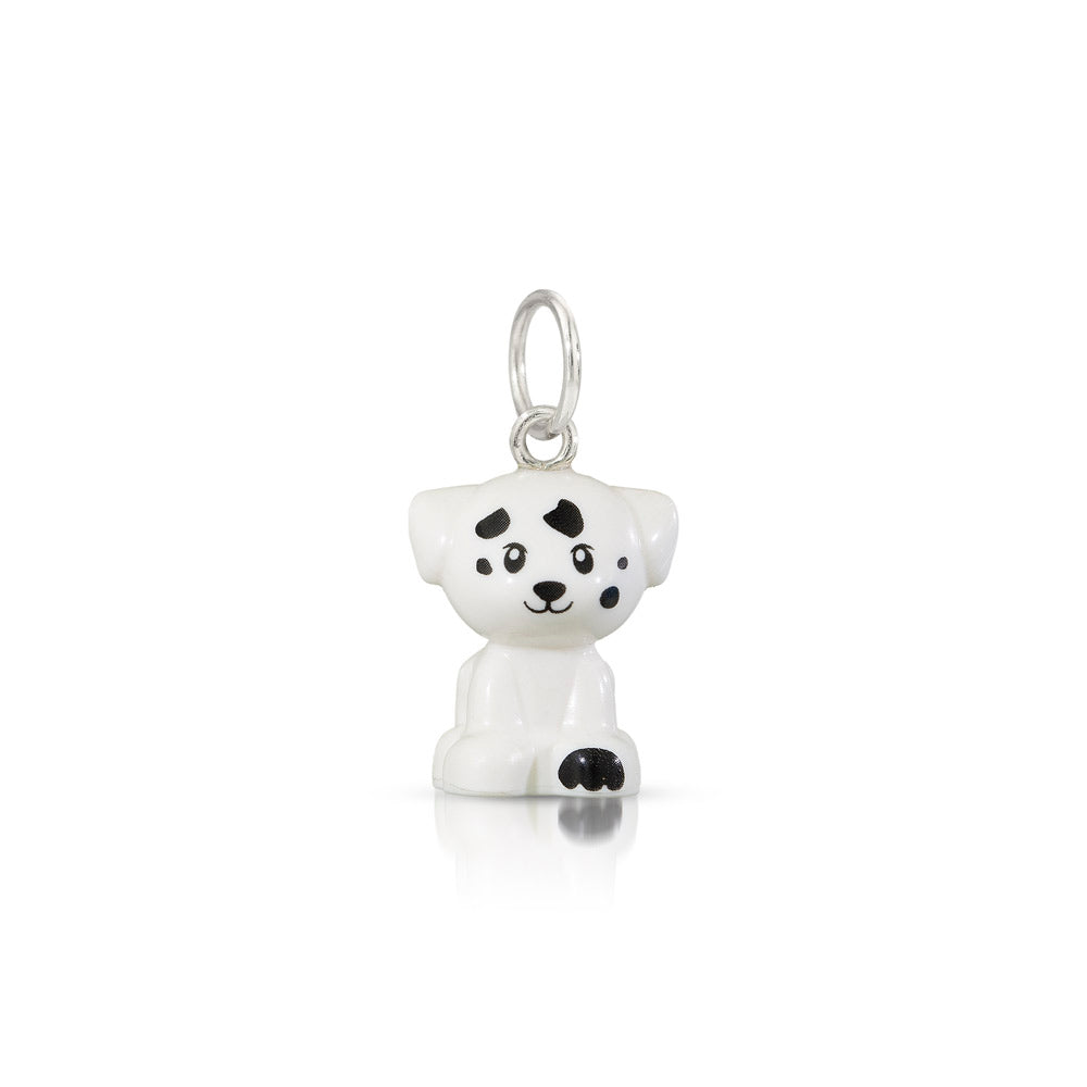 Cute little LEGO mini-figure white dog with black spots with silver loop at head for chain to go through 