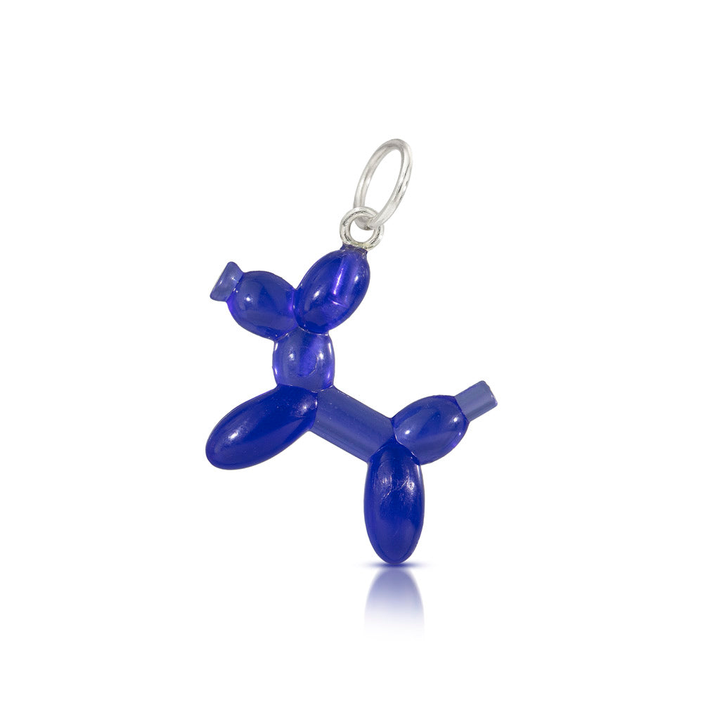 3 little transparent LEGO mini figure balloon dog charms that look like they are dancing in red, blue and purple