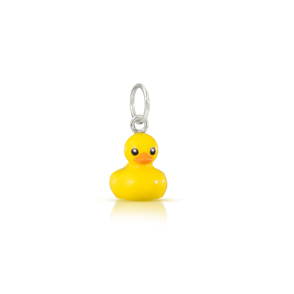 Cute little yellow LEGO mini-figure duck with orange nose and silver loop at head as a charm for chain to go through 