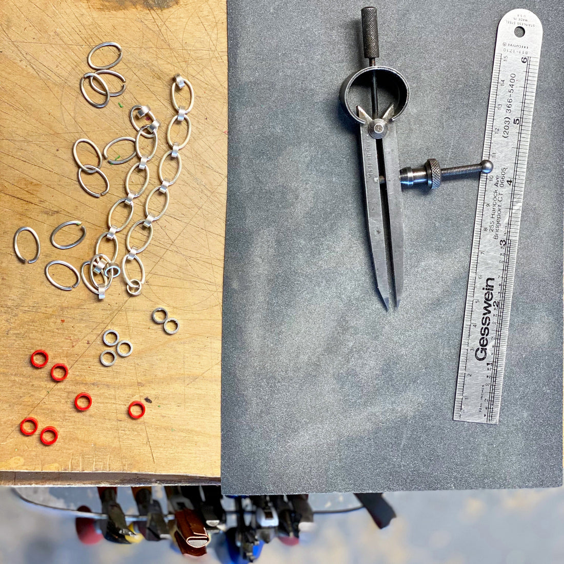Oxidized sterling silver modern necklace with red recycled LEGO bricks as links