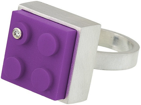 Unique purple 2 X 2 LEGO brick in hand fabricated sterling silver modern ring 