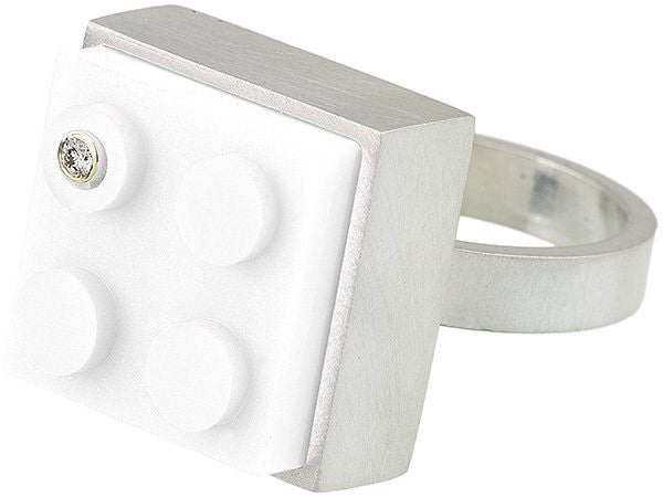 Unique and fun white 2 X 2 LEGO brick in hand fabricated sterling silver modern ring 