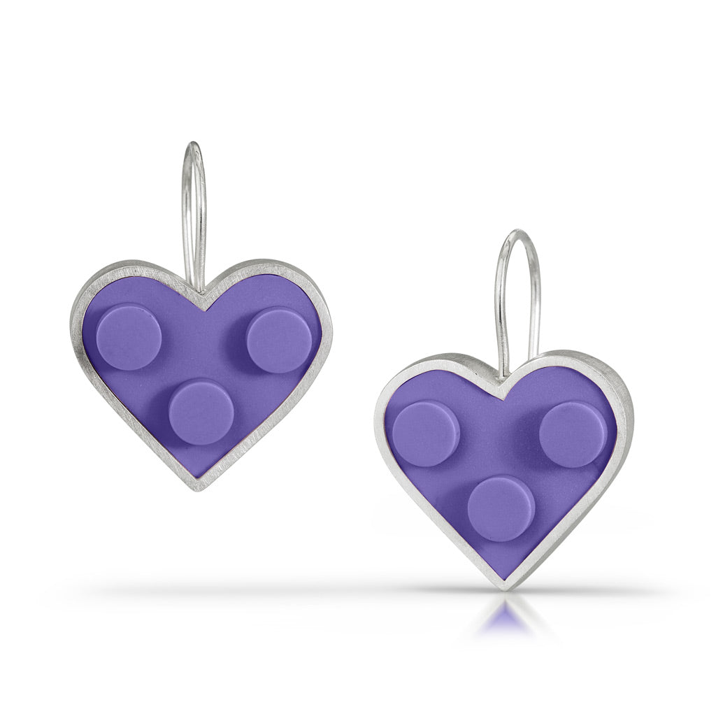 Purple LEGO bricks in the shape of heart earrings