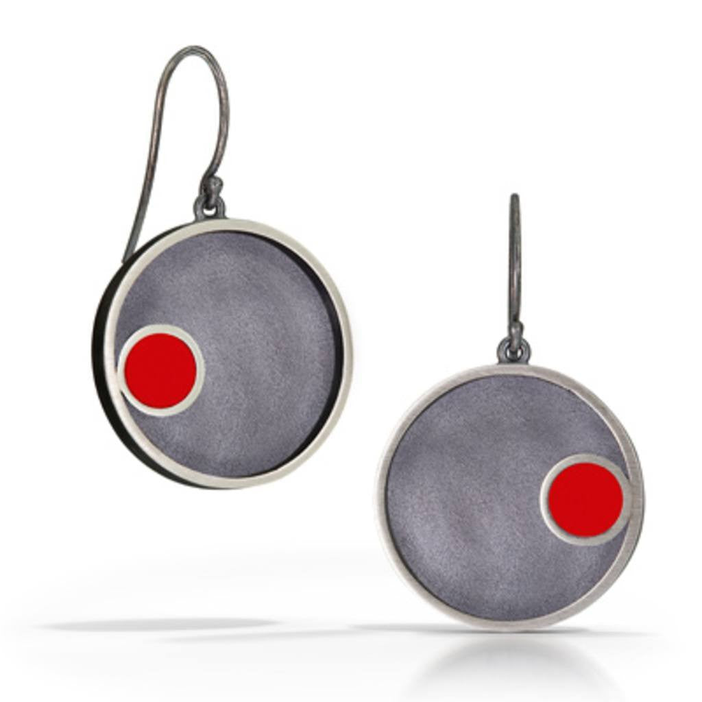 Hand fabricated sterling silver round modern earrings with small round LEGO piece with patina finish