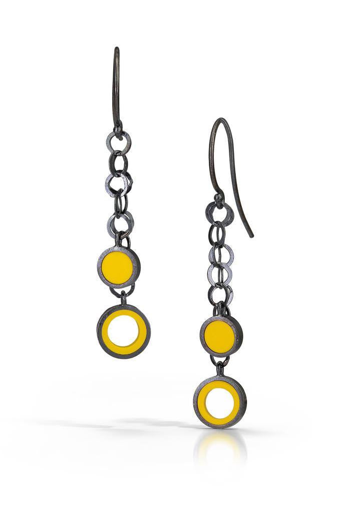 Chain link earrings made with sterling silver and yellow recycled LEGO