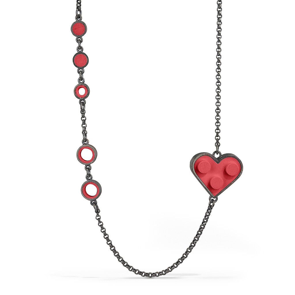 Red LEGO heart modern, contemporary necklace with recycled LEGO pieces on a sterling silver chain