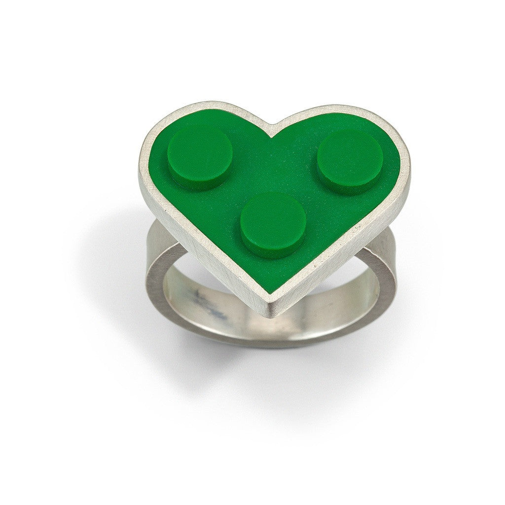 Green LEGO heart shape ring handmade with sterling silver