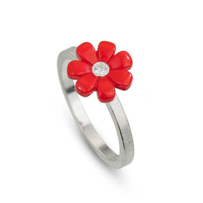 sterling silver ring with a plastic red daisy on top with a diamond in the center 