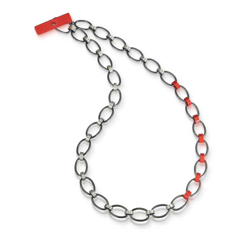 Oxidized sterling silver modern necklace with red recycled LEGO bricks as links