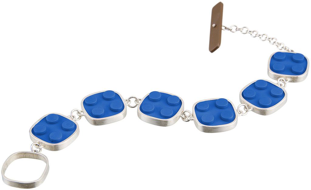 LEGO art jewelry bracelet fabricated with sterling silver and 2 X 2 blue LEGO bricks
