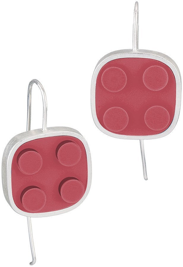 Dark red 2 X 2 LEGO brick contemporary sterling silver earring