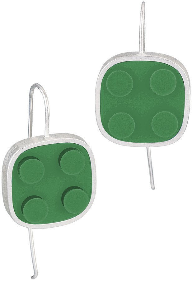 Dark green 2 X 2 LEGO brick architectural earrings in sterling silver