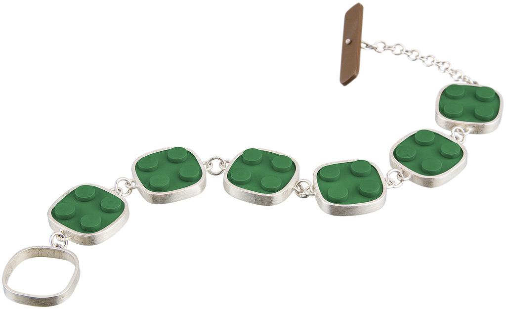 2 X 2 dark green LEGO bricks made into modern, contemporary bracelet