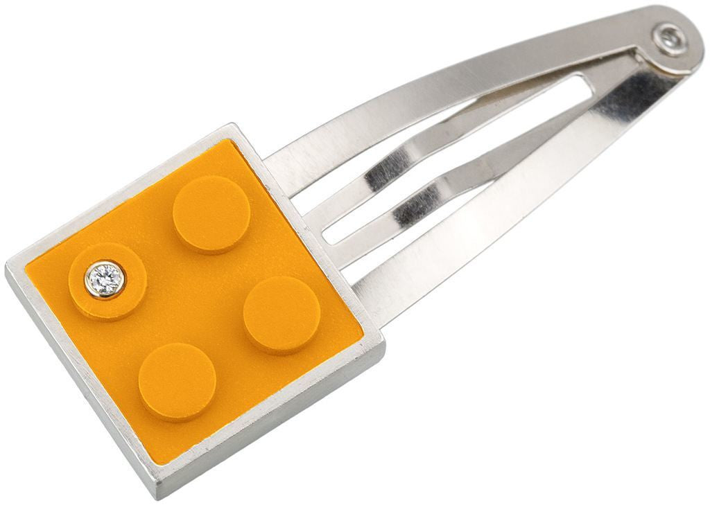 2 X 2 orange LEGO brick set into hand fabricated contemporary hair clip with diamond