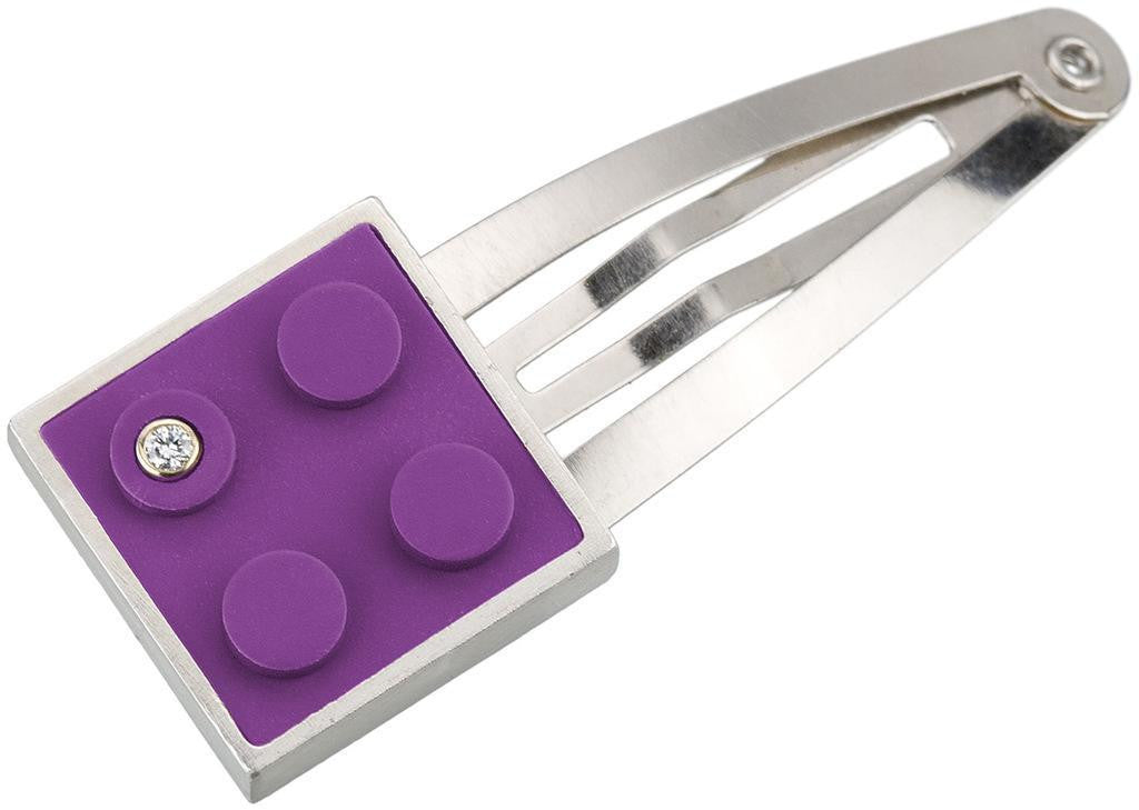 Modern, contemporary hair pin with 2 X 2 purple LEGO brick with diamond