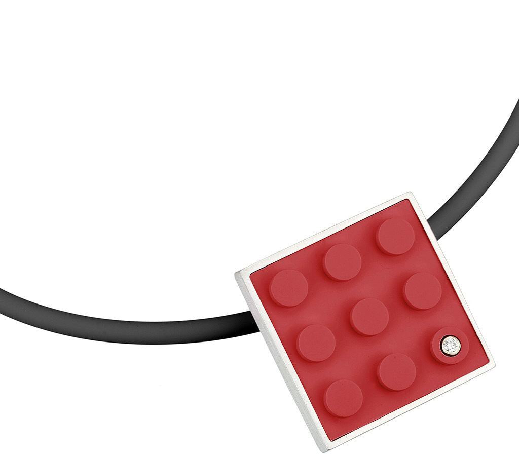 Red 2 X 2 LEGO brick modern pendant with diamond made with sterling silver on a black rubber cord