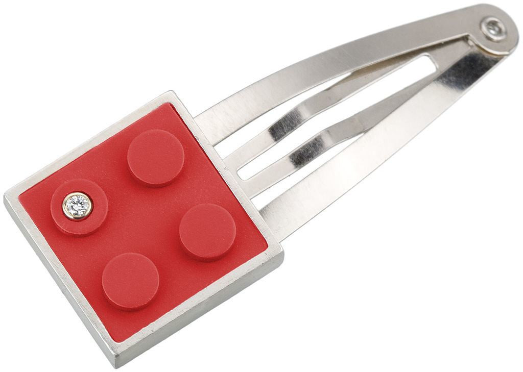 Recycled 2 X 2 red LEGO brick set into hand fabricated sterling silver modern, contemporary hair clip with a diamond